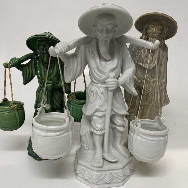 ORNAMENT, Ceramic Asian Man w Baskets (Green 28cmH, White 32cm H)